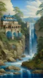 Placeholder: A blue Japanese palace near a waterfall painted by Henri Robert-Bresil
