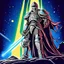 Placeholder: 90's retro fantasy art of a heroic space knight with laser sword