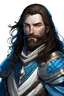 Placeholder: Generate me a male D&D character who is a king wearing elaborate armor. They have long dark hair and a short beard and blue eyes. no face markings The background should be a white