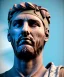 Placeholder: Gran angular, Realistic image, roman sculpture, marble material, Lionel Messi with Laurel wreath model, miguel angel style, God light, god rays, 4k resolution, perfect details, ornate details, soft lighting, unreal engine 5, soft cyan background.