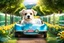 Placeholder: Here is the translation to English: "A beautiful dog with a human-like face sittin in a toy car in a flower and tree farm"