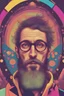 Placeholder: futuristic space bohemian psychedelic young man with strange and rare face in his 40s with Parisian bohemian look and glasses of colours and poor and short short hair on the head with receding hairline. Farsightedness glasses with big eyes. Long beard. Vintage look and feel like photos of the 70s