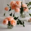 Placeholder: cinematic shot of peonies made from peach tulle in a glass bowl, warm lighting, soft lighting, bokeh, linen, luxurious