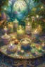 Placeholder: Tarot card candles on the tableornament of a fabulous landscape, ornament, forest, delicate, light, transparent spring, ornament, in the style of Josephine Wall, grunge, intracate, map, careful drawing, watercolor, dot graphics, natural colors, Grotesque, Micro detailing, Art botanical