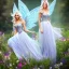 Placeholder: Fantasy fairy with transparent wings, smiling, make up, long platinum blond hair with crown and flowers, blue dress, flower background