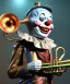 Placeholder: mechanoid smiling friendly clown playing jazz with a steampunk theme, trumpet, realistic