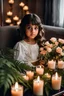 Placeholder: a young girl sitting on a couch holding a bunch of flowers, tanned ameera al taweel, hair whitebangs hair, sitting on the edge of a bed, roses and lush fern flowers, with big eyes, in a room full of candles, a microscopic photo, cute photograph, from left