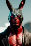 Placeholder: Medium Close Up Portrait, Front image. cyberpunk, rabbit mask helmet, strong man, titanium hair. Leather suit. Black, red, color. Hellboy style. Color background, photo studio. Avatar image, highly detailed, concept art, smooth, unreal engine 5, ray tracing, RTX, lumen lighting, ultra detail, volumetric lighting, 3d, finely drawn, high definition, high resolution.