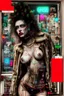 Placeholder: Ultra detailed medium portrait painting of a half naked woman posing in a shop window like a maniquin , a string of Christmas tree lights draped around her , no nudity, smudged makeup, showlights and in a otherwise dark room, torn up collage of empty promises , broken circuitry background, matrix effects, punk visual art, punk art aesthetic, graffiti art, pop surrealism, collage art, cluttered paint glitches