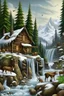Placeholder: Cabaña de madera en una montaña con una cascada a la derecha y nieve. Con alces y lobos alrededor.