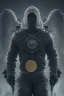 Placeholder: running berserker portrait , no face, black jogging suite , in the night Alps , holding coins , angels background, volumetric light, high detail, dark leaf tree, dark mountains in background, perfect, HR Giger style