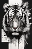 Placeholder: A abstract modern realism design black ink with brushstrokes and ink splatter of a tiger and geometric patterns in negative space