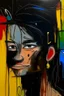 Placeholder: in abstract art Basquiat, Picasso, colorful acrylic colors representing, with expressive character--ar 16:9 --no text letter font. –c 40, Buffet and Picasso style, black canvas