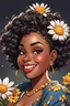 Placeholder: Create a comic book cartoon art style image of a curvy black female looking down with a smile on her face. Prominent makeup with hazel eyes. Highly detailed messy curly bun with a hair scarf tied on her head with large daisy flowers surrounding her. 2k