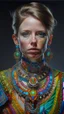 Placeholder: Hyperrealistic portrait of a beautiful woman wearing intricately detailed colorful clothing and futuristic jewellery.