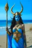 Placeholder: A picture of a beautiful "blue" faced indian goddess with skin painted blue, "blue painted body", "blue painted torso", wild black hair, stag antlers, elven ears, golden skirt, holding a staff on a sunny beach