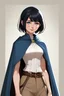 Placeholder: Character concept art, medieval 20 year old female, kind and gentle, slight smile, soft blue eyes, very short- black- hair style, skin, white blouse, ornate blue cloak, and tan trousers