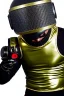 Placeholder: Metallic Cyber-punk style man with a web-camera-mask and old AKG-style headphones with golden rings. Large fencing mask covers man's cheeks. Man in good body shape. Reflective plastic body jacket full-coverage. Body and head full of integrated old-fashioned cameras and an old telephone. Black to army green latex surfaces body. Perfect body. Deep euclidean 3D-tiling, Escher tiling. Cables in head. Daft Punk 1996. Matrix black leather jacket with a Hood.