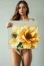 Placeholder: a full body beautiful lady with A detailed painting of one large, cream-colored flowers in the style of acrylic paint in her hand ,full body shot