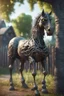 Placeholder: smilende zombie hest spiser et tre foran et kastanjegjerde in the style of giger and fallout 4 ,,bokeh like f/0.8, tilt-shift lens 8k, high detail, smooth render, down-light, unreal engine