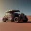 Placeholder: 3d rendering. Steampunk futuristic car. Buried in desert sand. Lost in Time