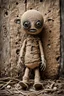 Placeholder: creepy cute burlap doll with scared face, its body is dirty, holey, cracked old burlap, its big head is made of burlap, its two eyes are made of coat buttons, there are stitches on its body , it sits in the corner of a dilapidated, dirty room in a dilapidated house, a spider crawls towards him on the floor, low lighting, detailed, thriller, eerily impressive image