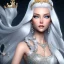 Placeholder: Ice Princess with white hair smilling, a crown with precious stones, bright background