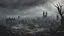 Placeholder: an apocalyptic flat landscape covered in dark gray dust. destroyed medieval city in the far distance. zombie dragons. dark grey mist. seen from the ground. fantasy, horror. no trees