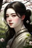 Placeholder: Beautiful Girl in the garden, 18 century, brunette, literally dark hair, dark eyes, fat, smell of sakura, rest, detailed face, england