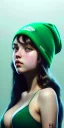 Placeholder: girl, cute, big boobs , beautiful, long hair, wavy hair, green hair, blue eyes, green beanie, green suimsuit, black tee shirt, green shorts, head and shoulders portrait, 8k resolution concept art portrait by Greg Rutkowski, Artgerm, WLOP, Alphonse Mucha dynamic lighting hyperdetailed intricately detailed