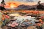 Placeholder: Amazing Sunset, flowers, puddle, rocky land, mountains, epic, winslow homer watercolor paintings