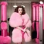 Placeholder: high end pink fluffy fur Kat Dennings poses with pink fluffy fur weapons in a training room, ready to fight, vintage 1980's photo
