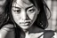 Placeholder: high resolution) (portrait), ( latino Asian girl), (harsh light), (intense shadows), (contrasting tones), (close-up), (cheerfull expression), ((emphasized features)), striking eyes, (unique angle), (bold composition), (intense mood), ((contoured features)), (strong personality), (realistic skin texture), (professional photography), (edgy fashion), (creative makeup), ((intense gaze)), (fierce beauty), (sharp details), ((fashion model)), ((high cheekbones)), (dark brown eyes)