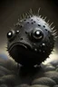 Placeholder: Solid spherical creature, black eyes, very small mouth, lighting body, The creature is steel , high details, stunning realistic photograph