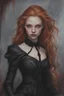 Placeholder: eye candy Alexandra "Sasha" Aleksejevna Luss oil paiting style Artgerm Tim Burton, subject is a beautiful long ginger hair female vampire