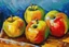 Placeholder: Abstract impasto oil painting of an apples on a table in the style of cezanne style of William Turner