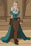 Placeholder: [Disenchantment, Bean] Queen Bean's royal attire was as unconventional as her personality. She wore a cyan tunic with white sleeves, brown leggings, and tied dark brown boots. A brown leather corset-like bodice cinched her figure, emphasizing her readiness for action. The belt, with a silver buckle, held a variety of pouches and tools, a testament to her readiness for any escapade that might come her way. Her freckled face bore a playful smirk, and her buck teeth and overbite lent her an endea