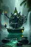 Placeholder: action figure of a crucified alien necrophyte electric eel necromancer on round swamp transparent glass obcidian boat beholder eye wheel throne in a charged foggy jungle starry waterfall, blur background to make character pop out