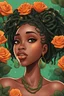 Placeholder: Create a academic art cartoon image of a curvy black female looking up with her eyes close. Prominent make up with lush lashes. Highly detailed dread locs in a messy bun. Her hand is touching her face while she embraces the calmness. Background of green and orange roses surrounding her