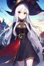 Placeholder: girl, masterpiece, best quality, cinematic lighting, detailed outfit, vibrant colors, perfect eyes, long hair, white hair, red eyes, witch outfit, smile, angry, landscape, town,