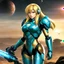 Placeholder: Samus without helmet from Metroid Prime, she stand on the wild planet, weapon is hand