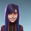 Placeholder: Portrait of a smiling 10 year old witch girl with brown hair with bangs and blue eyes