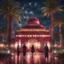 Placeholder: Hyper Realistic people outside beautiful maroon decorated mosque with garland lights & sky lanterns at rainy night with palm trees, grass patches & water fountains