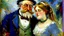 Placeholder: Eccentric Elegance with white glasses, Impressionist painting of an odd couple from 1890. The man is very thin, the wife is very fat, in the Victorian American style. Rough, rough brushstrokes, impressionist style painting