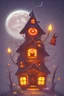 Placeholder: :: Illustrate a charming and whimsical haunted house scene with cute witch, quirky pumpkins, and scary owl, all surrounded by a moonlit sky