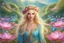 Placeholder: Enlighten amazing image Elegant Beautiful nice smiling elf faery with flowing blonde Hair, exploring the magical realm of Neverland magic bright pink blue colours. Picture her in a vibrant meadow surrounded by fantastical sweat creatures, lost in this timeless and(( dreamlike world)). Capture the essence of innocence, fear, and the endless obstacles that unfold in the encasing landscapes of Neverland stunning detail, creative, cinematic, amazing composition, fascinating, intricate details