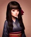 Placeholder: pixar style, ancient japanese temple environment, extreme closeup front face portrait of one cute young loli princess, traditional kimono, slim, slightly squinting, excited facial expression, smirking or pouting, long fringed wavy messy random hairstyle, deep dark real humanly eyes, perfectly round iris, fine detailed long eyelashes, realistic shaded perfect face, round face, blushing, sharp focus, small bosom, chibi, kawaii, gothic, artwork by shinichiro watanabe