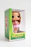 Placeholder: Funko figure of a very young female, smiling, long wavy soft brown hair, wearing a ballerina dress, pink dress, ballet, very cute, ballet pose,. The Funko is displayed inside and outside a limited edition green and yellow Funko box with "HELOISA" text, allowing visibility of the figure, typography, 3D render. White background