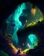 Placeholder: Vue d'un village fantastique et mystérieux situé dans une grande caverne très sombre. Des plantes luminescentes fantastiques jonchent les parois de la caverne. Des animaux fantastiques à fourrure colorée se déplacent ça et là. La végétation est luxuriante.