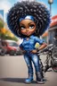 Placeholder: create an airbrush illustration of a chibi cartoon voluptuous black female wearing a blue jean outfit with a tie dye tshirt with biker boots. Prominent make up with hazel eyes. Extremely highly detail of a tight curly black and shiny afro. Background of a bike show